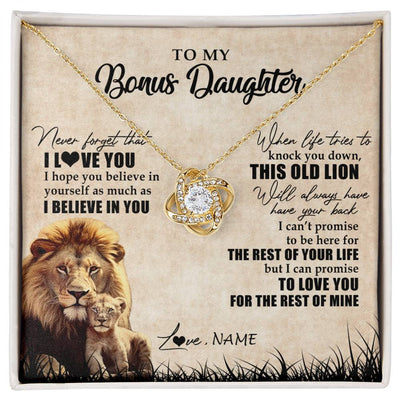 Love Knot Necklace 18K Yellow Gold Finish | Personalized To My Bonus Daughter Gifts Necklace From Bonus Dad Old Lion Stepdaughter Jewelry Birthday Graduation Christmas Customized Gift Box Message Card | siriusteestore