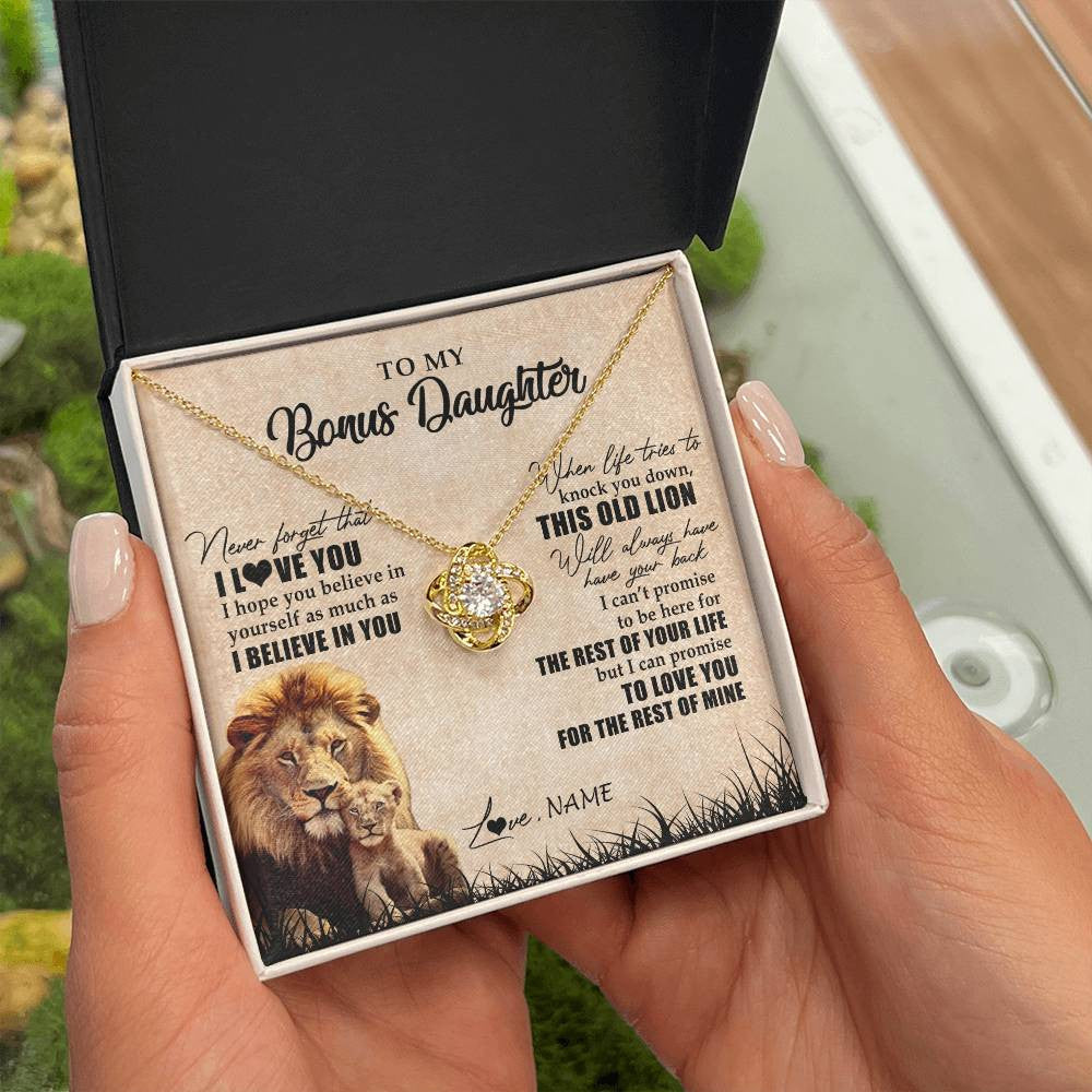 Love Knot Necklace 18K Yellow Gold Finish | Personalized To My Bonus Daughter Gifts Necklace From Bonus Dad Old Lion Stepdaughter Jewelry Birthday Graduation Christmas Customized Gift Box Message Card | siriusteestore