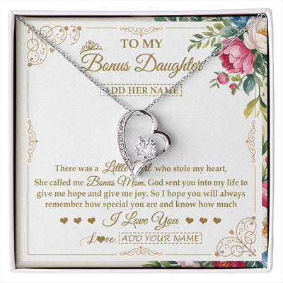 Forever Love Necklace 14K White Gold Finish | 1 | Personalized To My Bonus Daughter Gifts Necklace From Bonus Mom Filled With My Love Stepdaughter Birthday Gifts Wedding Christmas Custom Gift Box Message Card | https://siriusteestore.