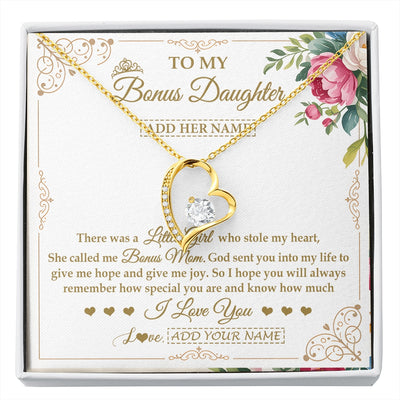 Forever Love Necklace 18K Yellow Gold Finish | 1 | Personalized To My Bonus Daughter Gifts Necklace From Bonus Mom Filled With My Love Stepdaughter Birthday Gifts Wedding Christmas Custom Gift Box Message Card | https://siriusteestore.