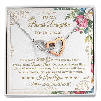 Interlocking Hearts Necklace Stainless Steel & Rose Gold Finish | 1 | Personalized To My Bonus Daughter Gifts Necklace From Bonus Mom Filled With My Love Stepdaughter Birthday Gifts Wedding Christmas Custom Gift Box Message Card | https://siriusteestore.