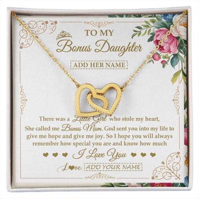 Interlocking Hearts Necklace 18K Yellow Gold Finish | 1 | Personalized To My Bonus Daughter Gifts Necklace From Bonus Mom Filled With My Love Stepdaughter Birthday Gifts Wedding Christmas Custom Gift Box Message Card | https://siriusteestore.
