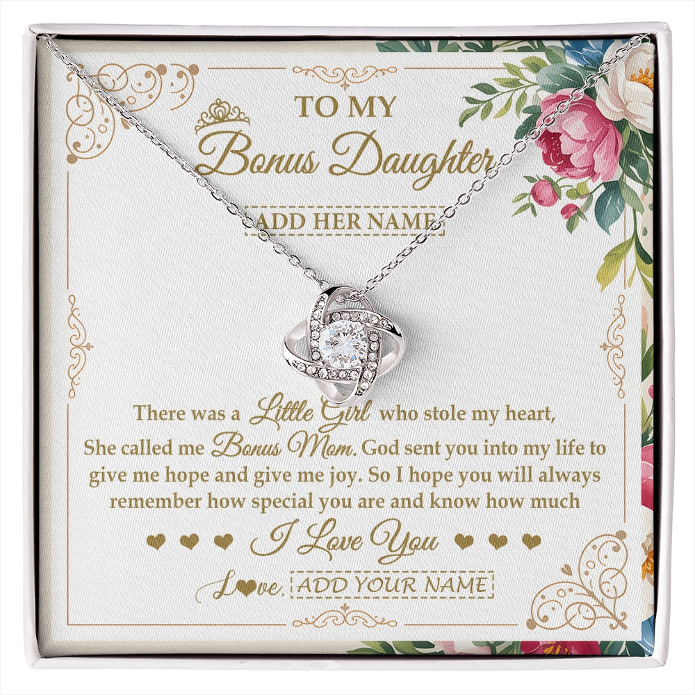 Love Knot Necklace 14K White Gold Finish | 1 | Personalized To My Bonus Daughter Gifts Necklace From Bonus Mom Filled With My Love Stepdaughter Birthday Gifts Wedding Christmas Custom Gift Box Message Card | https://siriusteestore.