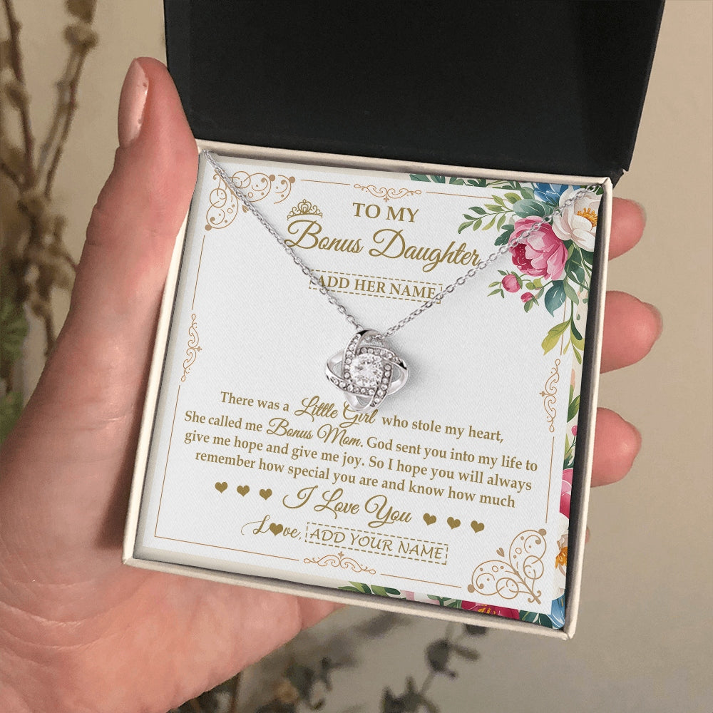 Love Knot Necklace 14K White Gold Finish | 2 | Personalized To My Bonus Daughter Gifts Necklace From Bonus Mom Filled With My Love Stepdaughter Birthday Gifts Wedding Christmas Custom Gift Box Message Card | https://siriusteestore.