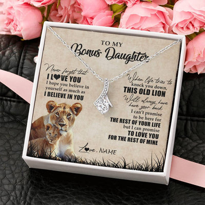 Alluring Beauty Necklace 14K White Gold Finish | Personalized To My Bonus Daughter Gifts Necklace From Bonus Mom Old Lion Stepdaughter Jewelry Birthday Graduation Christmas Customized Gift Box Message Card | siriusteestore
