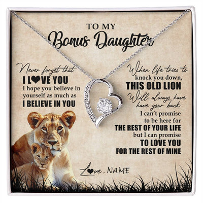 Forever Love Necklace 14K White Gold Finish | Personalized To My Bonus Daughter Gifts Necklace From Bonus Mom Old Lion Stepdaughter Jewelry Birthday Graduation Christmas Customized Gift Box Message Card | siriusteestore