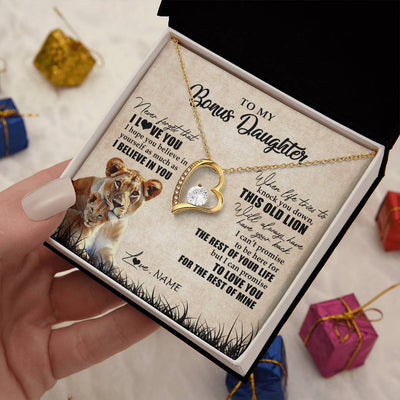 Forever Love Necklace 18K Yellow Gold Finish | Personalized To My Bonus Daughter Gifts Necklace From Bonus Mom Old Lion Stepdaughter Jewelry Birthday Graduation Christmas Customized Gift Box Message Card | siriusteestore