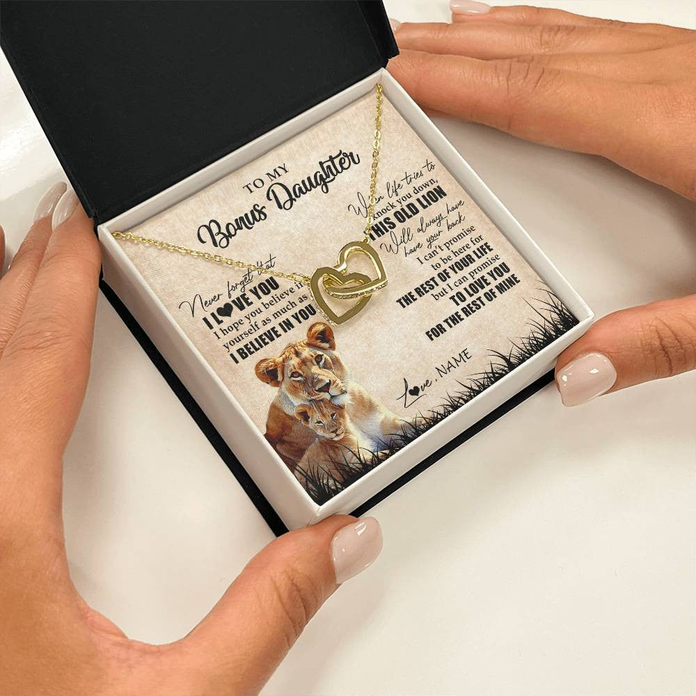 Interlocking Hearts Necklace 18K Yellow Gold Finish | Personalized To My Bonus Daughter Gifts Necklace From Bonus Mom Old Lion Stepdaughter Jewelry Birthday Graduation Christmas Customized Gift Box Message Card | siriusteestore