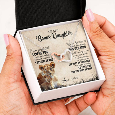 Interlocking Hearts Necklace Stainless Steel & Rose Gold Finish | Personalized To My Bonus Daughter Gifts Necklace From Bonus Mom Old Lion Stepdaughter Jewelry Birthday Graduation Christmas Customized Gift Box Message Card | siriusteestore