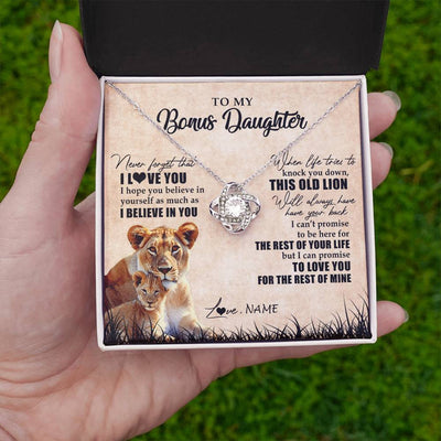 Love Knot Necklace 14K White Gold Finish | Personalized To My Bonus Daughter Gifts Necklace From Bonus Mom Old Lion Stepdaughter Jewelry Birthday Graduation Christmas Customized Gift Box Message Card | siriusteestore