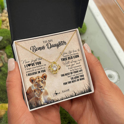 Love Knot Necklace 18K Yellow Gold Finish | Personalized To My Bonus Daughter Gifts Necklace From Bonus Mom Old Lion Stepdaughter Jewelry Birthday Graduation Christmas Customized Gift Box Message Card | siriusteestore