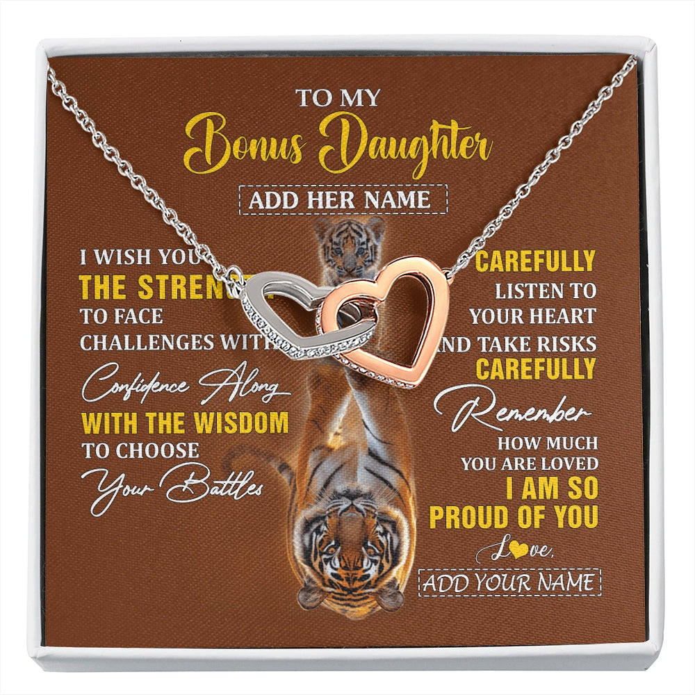 Interlocking Hearts Necklace Stainless Steel & Rose Gold Finish | 1 | Personalized To My Bonus Daughter Gifts Necklace From Godfather I Wish You The Strength Tiger Bonus Daughter Birthday Gifts Christmas Gift Box Message Card | https://siriusteestore.