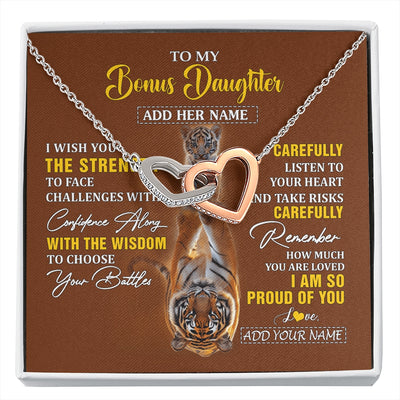 Interlocking Hearts Necklace Stainless Steel & Rose Gold Finish | 1 | Personalized To My Bonus Daughter Gifts Necklace From Godfather I Wish You The Strength Tiger Bonus Daughter Birthday Gifts Christmas Gift Box Message Card | https://siriusteestore.