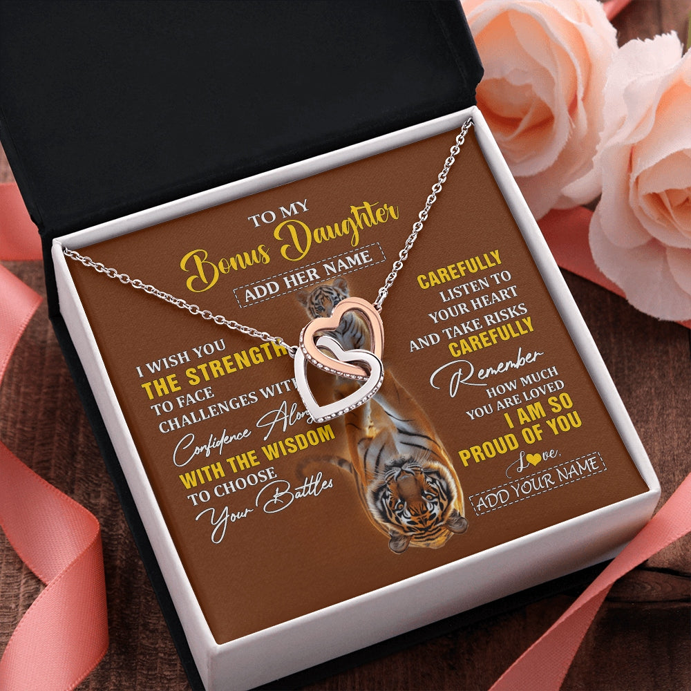 Interlocking Hearts Necklace Stainless Steel & Rose Gold Finish | 2 | Personalized To My Bonus Daughter Gifts Necklace From Godfather I Wish You The Strength Tiger Bonus Daughter Birthday Gifts Christmas Gift Box Message Card | https://siriusteestore.