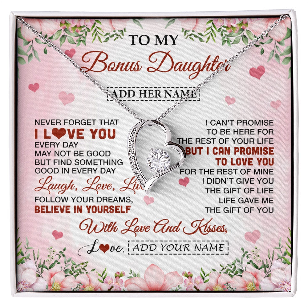 Forever Love Necklace 14K White Gold Finish | 1 | Personalized To My Bonus Daughter Gifts Necklace From Step Mom Floral I Love You Birthday Gifts For Stepdaughter Graduation Christmas Gift Box Message Card | https://siriusteestore.