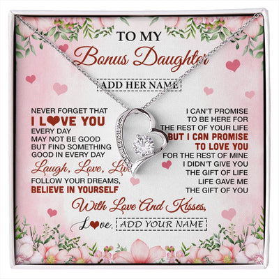 Forever Love Necklace 14K White Gold Finish | 1 | Personalized To My Bonus Daughter Gifts Necklace From Step Mom Floral I Love You Birthday Gifts For Stepdaughter Graduation Christmas Gift Box Message Card | https://siriusteestore.