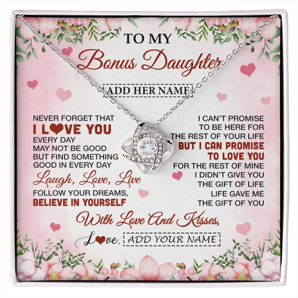 Love Knot Necklace 14K White Gold Finish | 1 | Personalized To My Bonus Daughter Gifts Necklace From Step Mom Floral I Love You Birthday Gifts For Stepdaughter Graduation Christmas Gift Box Message Card | https://siriusteestore.