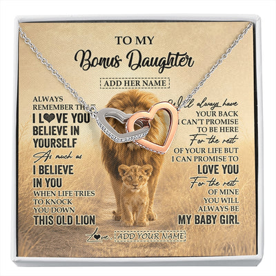 Interlocking Hearts Necklace Stainless Steel & Rose Gold Finish | 1 | Personalized To My Bonus Daughter Gifts Necklace From Stepdad Always Remember Lion Gifts For Stepdaughter Birthday Graduation Christmas Gift Box Message Card | https://siriusteestore.