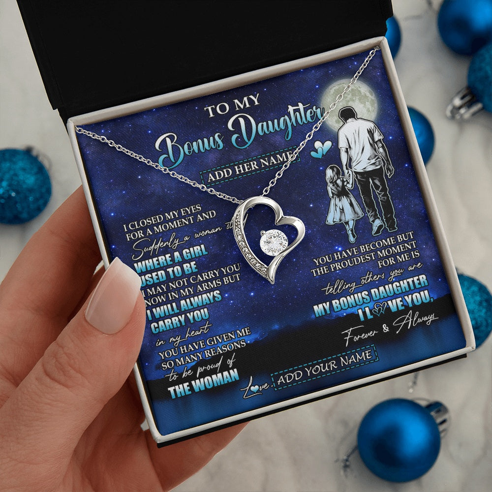 Forever Love Necklace 14K White Gold Finish | 2 | Personalized To My Bonus Daughter Gifts Necklace From Stepdad I Closed My Eyes For A Moment Stepdaughter Birthday Graduation Christmas Gift Box Message Card | siriusteestore.myshopify