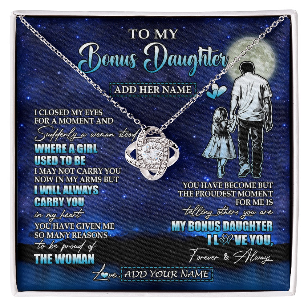 Love Knot Necklace 14K White Gold Finish | 1 | Personalized To My Bonus Daughter Gifts Necklace From Stepdad I Closed My Eyes For A Moment Stepdaughter Birthday Graduation Christmas Gift Box Message Card | siriusteestore.myshopify