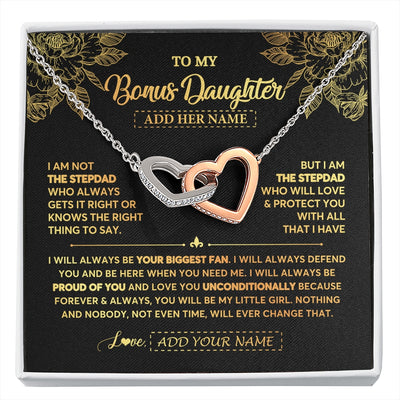 Interlocking Hearts Necklace Stainless Steel & Rose Gold Finish | 1 | Personalized To My Bonus Daughter Gifts Necklace From Stepdad Meaningful Family Jewelry Birthday Gifts For Stepdaughter Christmas Custom Gift Box Message Card | https://siriusteestore.