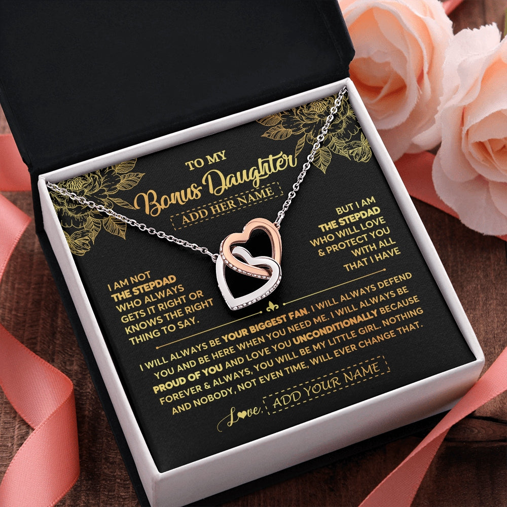 Interlocking Hearts Necklace Stainless Steel & Rose Gold Finish | 2 | Personalized To My Bonus Daughter Gifts Necklace From Stepdad Meaningful Family Jewelry Birthday Gifts For Stepdaughter Christmas Custom Gift Box Message Card | https://siriusteestore.