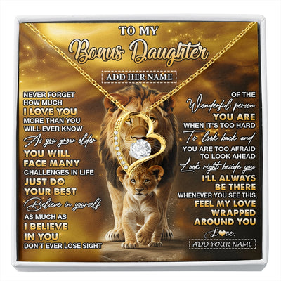 Forever Love Necklace 18K Yellow Gold Finish | 1 | Personalized To My Bonus Daughter Gifts Necklace From Stepdad Never Forget How Much I Love You Lion Stepdaughter Birthday Gifts Christmas Gift Box Message Card | https://siriusteestore.