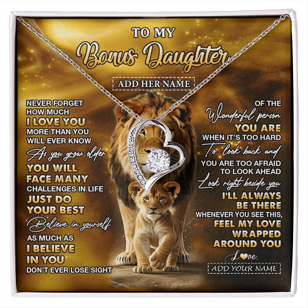Forever Love Necklace 14K White Gold Finish | 1 | Personalized To My Bonus Daughter Gifts Necklace From Stepdad Never Forget How Much I Love You Lion Stepdaughter Birthday Gifts Christmas Gift Box Message Card | https://siriusteestore.