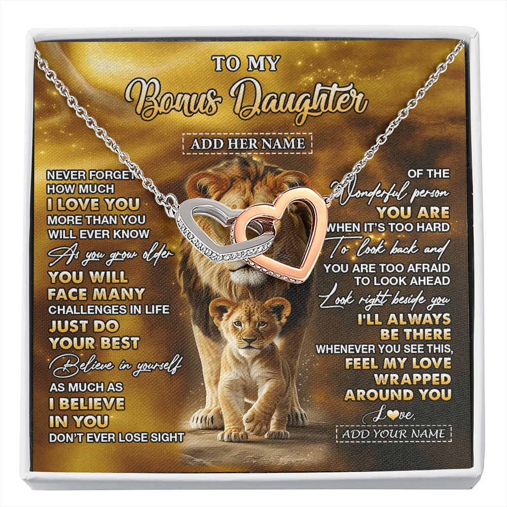 Interlocking Hearts Necklace Stainless Steel & Rose Gold Finish | 1 | Personalized To My Bonus Daughter Gifts Necklace From Stepdad Never Forget How Much I Love You Lion Stepdaughter Birthday Gifts Christmas Gift Box Message Card | https://siriusteestore.