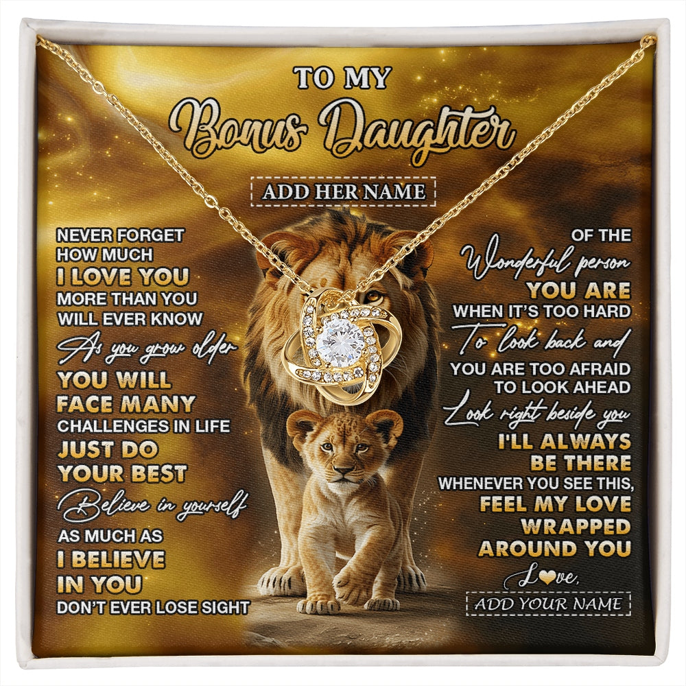 Love Knot Necklace 18K Yellow Gold Finish | 1 | Personalized To My Bonus Daughter Gifts Necklace From Stepdad Never Forget How Much I Love You Lion Stepdaughter Birthday Gifts Christmas Gift Box Message Card | https://siriusteestore.