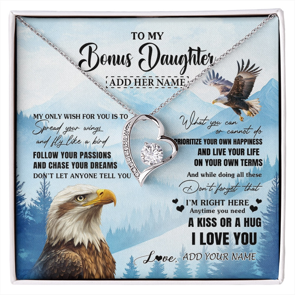 Forever Love Necklace 14K White Gold Finish | 1 | Personalized To My Bonus Daughter Gifts Necklace From Stepdad Stepmom Eagle My Only Wish For You Stepdaughter Birthday Gifts Christmas Gift Box Message Card | siriusteestore.myshopify