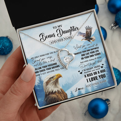 Forever Love Necklace 14K White Gold Finish | 2 | Personalized To My Bonus Daughter Gifts Necklace From Stepdad Stepmom Eagle My Only Wish For You Stepdaughter Birthday Gifts Christmas Gift Box Message Card | siriusteestore.myshopify
