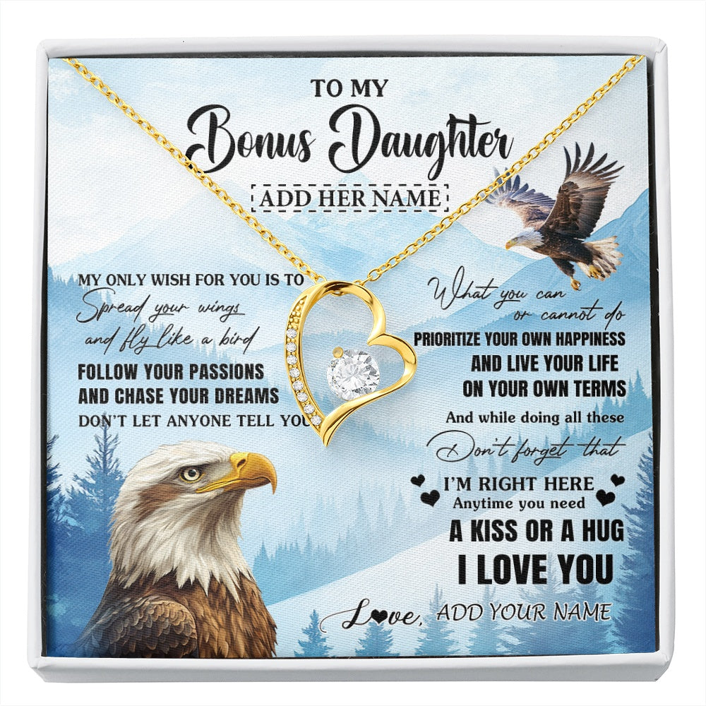 Forever Love Necklace 18K Yellow Gold Finish | 1 | Personalized To My Bonus Daughter Gifts Necklace From Stepdad Stepmom Eagle My Only Wish For You Stepdaughter Birthday Gifts Christmas Gift Box Message Card | siriusteestore.myshopify