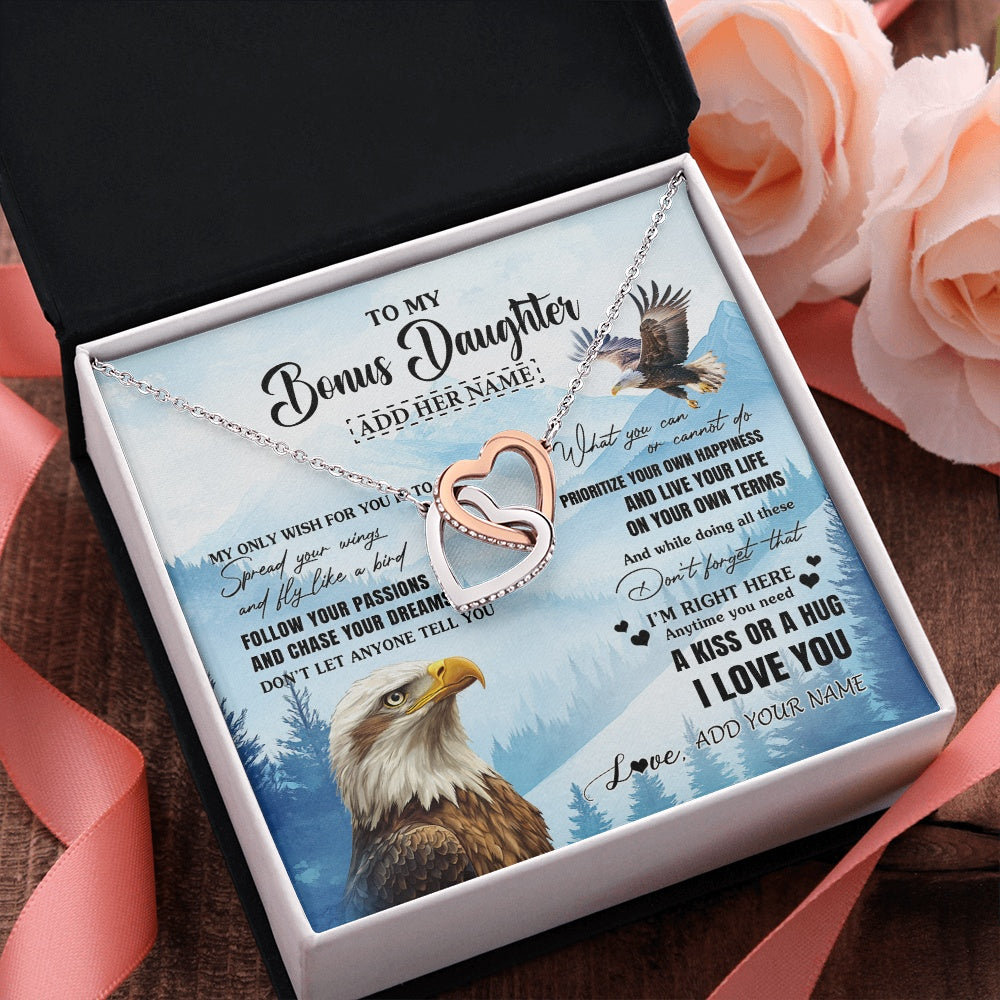 Interlocking Hearts Necklace Stainless Steel & Rose Gold Finish | 2 | Personalized To My Bonus Daughter Gifts Necklace From Stepdad Stepmom Eagle My Only Wish For You Stepdaughter Birthday Gifts Christmas Gift Box Message Card | siriusteestore.myshopify