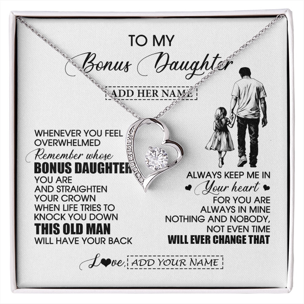 Forever Love Necklace 14K White Gold Finish | 1 | Personalized To My Bonus Daughter Gifts Necklace From Stepdad Whenever Man Unique Birthday Gifts For Stepdaughter Graduation Christmas Gift Box Message Card | siriusteestore.myshopify