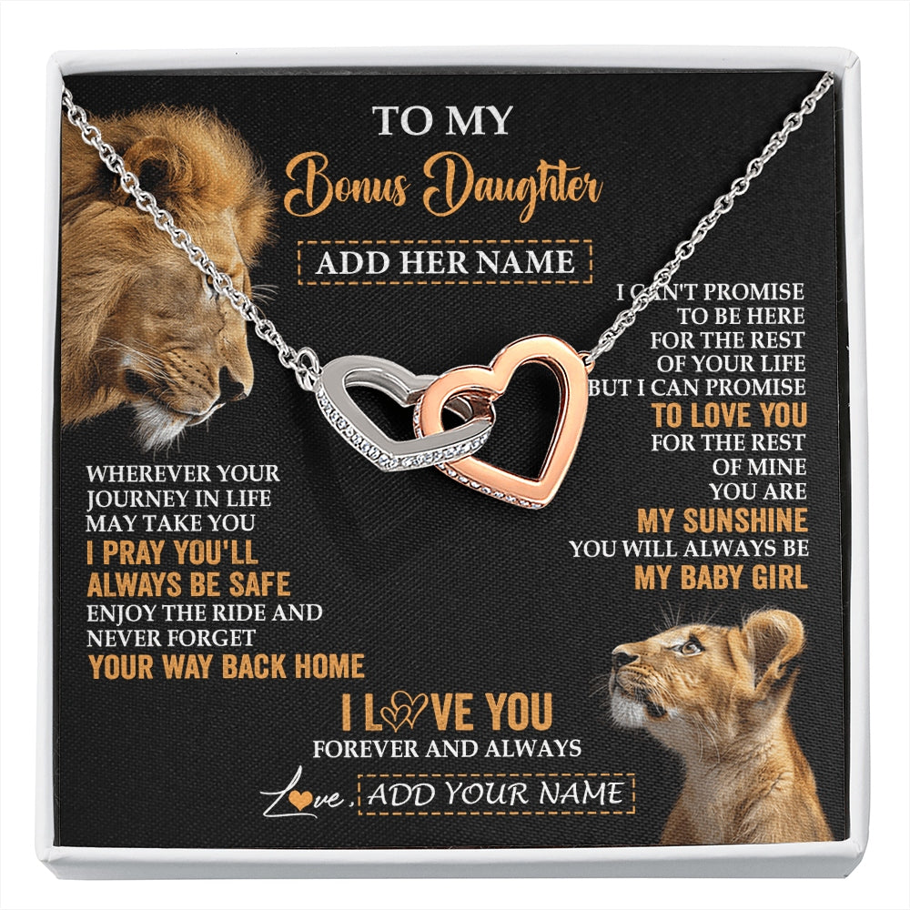 Interlocking Hearts Necklace Stainless Steel & Rose Gold Finish | 1 | Personalized To My Bonus Daughter Gifts Necklace From Stepdad Wherever Your Journey In Life Lion Stepdaughter Birthday Gifts Christmas Gift Box Message Card | https://siriusteestore.