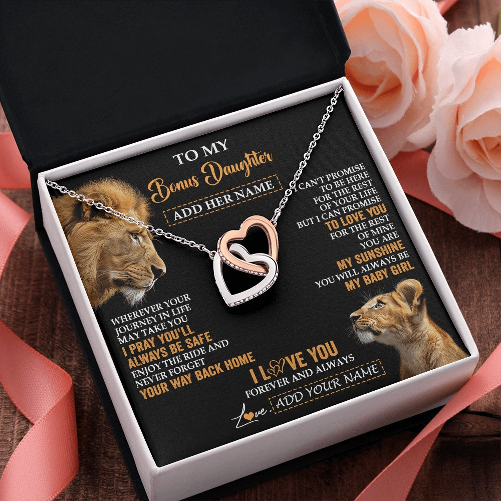 Interlocking Hearts Necklace Stainless Steel & Rose Gold Finish | 2 | Personalized To My Bonus Daughter Gifts Necklace From Stepdad Wherever Your Journey In Life Lion Stepdaughter Birthday Gifts Christmas Gift Box Message Card | https://siriusteestore.