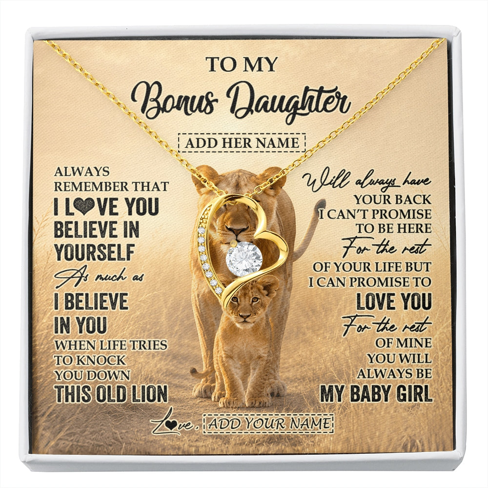 Forever Love Necklace 18K Yellow Gold Finish | 1 | Personalized To My Bonus Daughter Gifts Necklace From Stepmom Always Remember Lion Gifts For Stepdaughter Birthday Graduation Christmas Gift Box Message Card | https://siriusteestore.