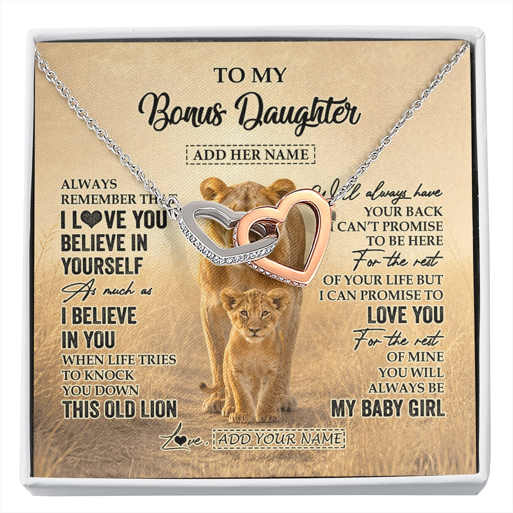 Interlocking Hearts Necklace Stainless Steel & Rose Gold Finish | 1 | Personalized To My Bonus Daughter Gifts Necklace From Stepmom Always Remember Lion Gifts For Stepdaughter Birthday Graduation Christmas Gift Box Message Card | https://siriusteestore.
