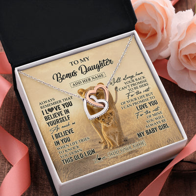 Interlocking Hearts Necklace Stainless Steel & Rose Gold Finish | 2 | Personalized To My Bonus Daughter Gifts Necklace From Stepmom Always Remember Lion Gifts For Stepdaughter Birthday Graduation Christmas Gift Box Message Card | https://siriusteestore.