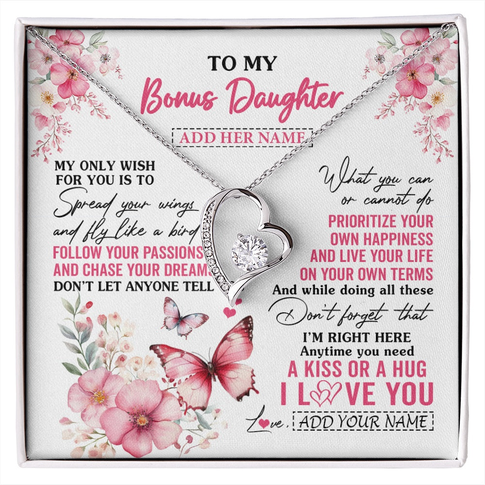 Forever Love Necklace 14K White Gold Finish | 1 | Personalized To My Bonus Daughter Gifts Necklace From Stepmom Butterfly My Only Wish For You Stepdaughter Birthday Gifts Christmas Gift Box Message Card | siriusteestore.myshopify