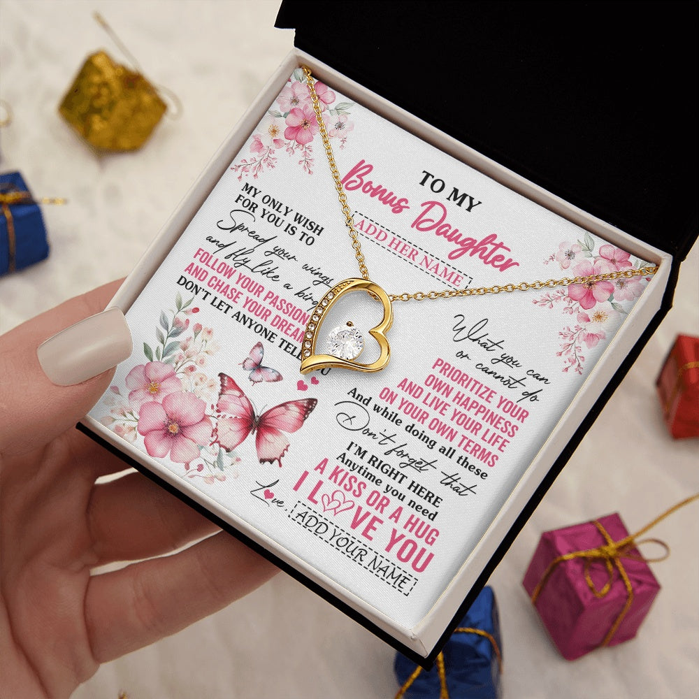 Forever Love Necklace 18K Yellow Gold Finish | 2 | Personalized To My Bonus Daughter Gifts Necklace From Stepmom Butterfly My Only Wish For You Stepdaughter Birthday Gifts Christmas Gift Box Message Card | siriusteestore.myshopify