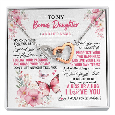 Interlocking Hearts Necklace Stainless Steel & Rose Gold Finish | 1 | Personalized To My Bonus Daughter Gifts Necklace From Stepmom Butterfly My Only Wish For You Stepdaughter Birthday Gifts Christmas Gift Box Message Card | siriusteestore.myshopify