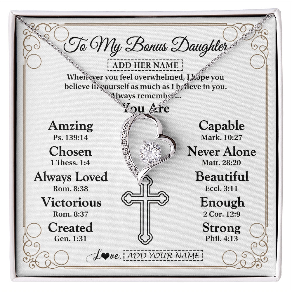 Forever Love Necklace 14K White Gold Finish | 1 | Personalized To My Bonus Daughter Gifts Necklace From Stepmom Christ Christian Gifts For Stepdaughter Birthday Christmas Graduation Gift Box Message Card | https://siriusteestore.
