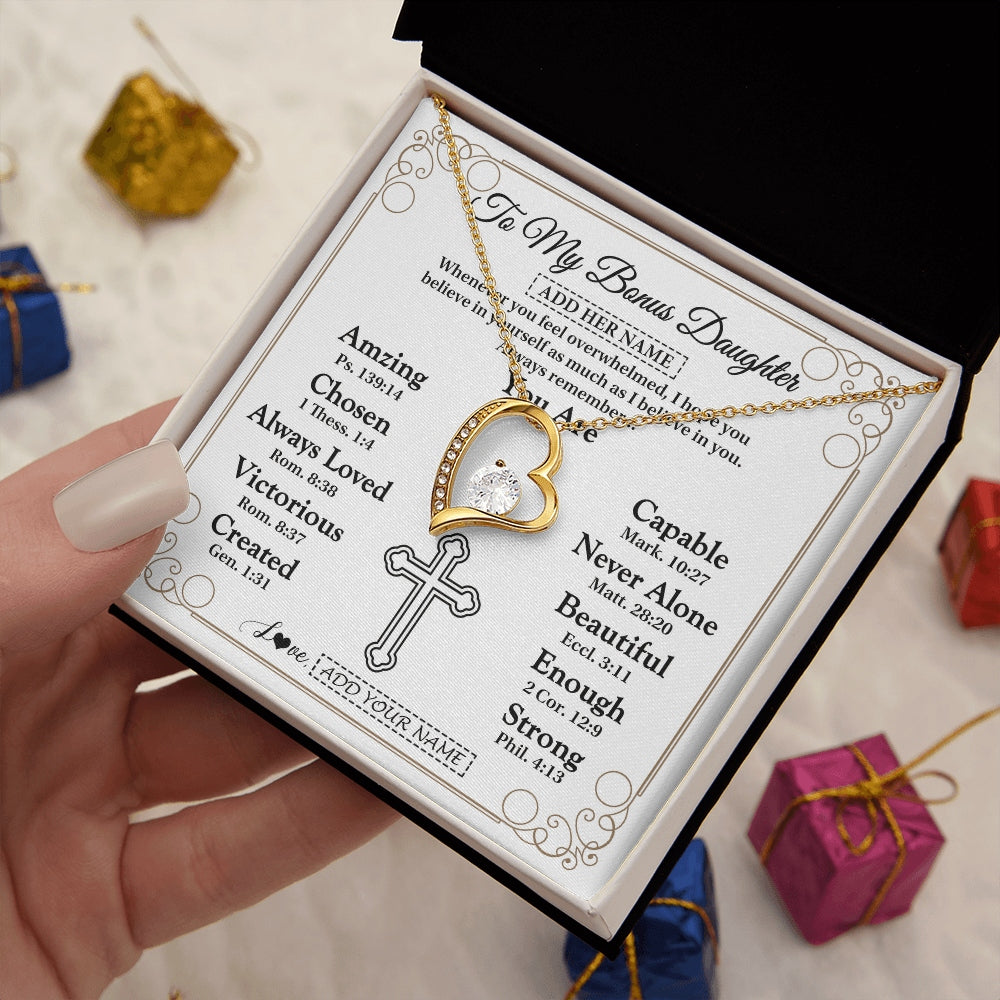 Forever Love Necklace 18K Yellow Gold Finish | 2 | Personalized To My Bonus Daughter Gifts Necklace From Stepmom Christ Christian Gifts For Stepdaughter Birthday Christmas Graduation Gift Box Message Card | https://siriusteestore.