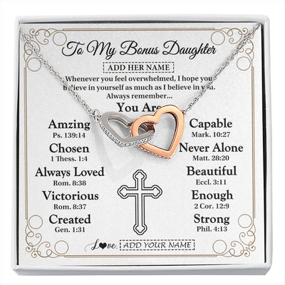 Interlocking Hearts Necklace Stainless Steel & Rose Gold Finish | 1 | Personalized To My Bonus Daughter Gifts Necklace From Stepmom Christ Christian Gifts For Stepdaughter Birthday Christmas Graduation Gift Box Message Card | https://siriusteestore.