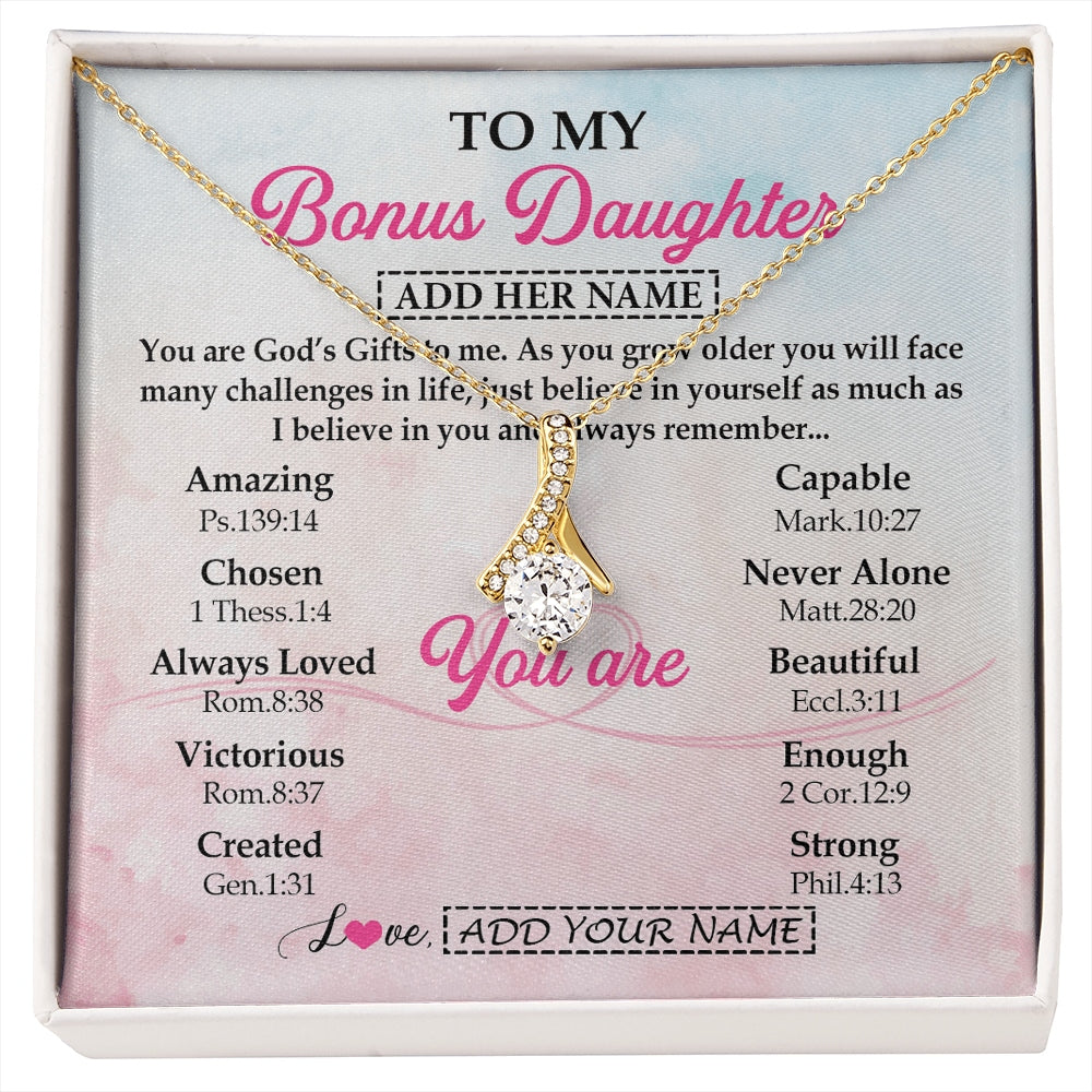 Alluring Beauty Necklace 18K Yellow Gold Finish | 1 | Personalized To My Bonus Daughter Gifts Necklace From Stepmom Christian Religious Jewelry Gifts For Stepdaughter Birthday Christmas Gift Box Message Card | https://siriusteestore.