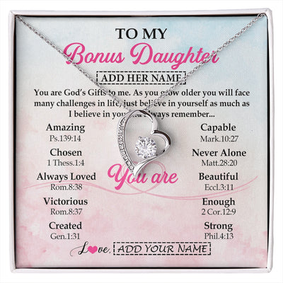 Forever Love Necklace 14K White Gold Finish | 1 | Personalized To My Bonus Daughter Gifts Necklace From Stepmom Christian Religious Jewelry Gifts For Stepdaughter Birthday Christmas Gift Box Message Card | https://siriusteestore.