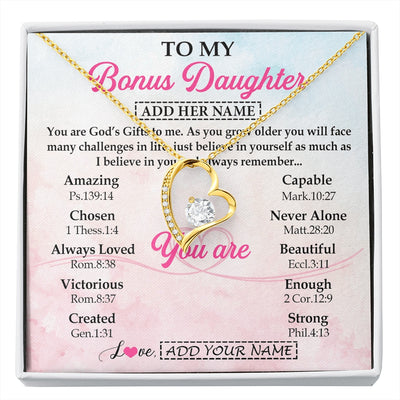 Forever Love Necklace 18K Yellow Gold Finish | 1 | Personalized To My Bonus Daughter Gifts Necklace From Stepmom Christian Religious Jewelry Gifts For Stepdaughter Birthday Christmas Gift Box Message Card | https://siriusteestore.