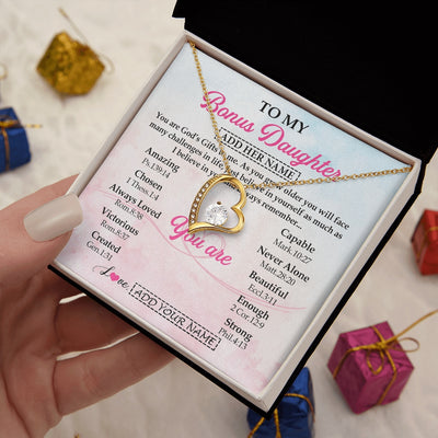 Forever Love Necklace 18K Yellow Gold Finish | 2 | Personalized To My Bonus Daughter Gifts Necklace From Stepmom Christian Religious Jewelry Gifts For Stepdaughter Birthday Christmas Gift Box Message Card | https://siriusteestore.